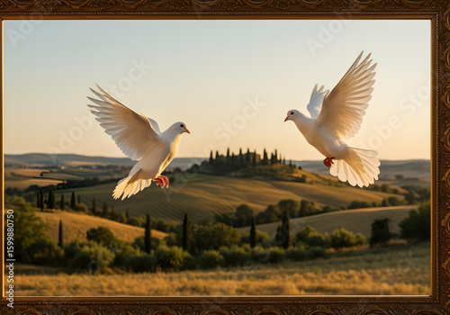 Two white doves in flight, wings spread, ornate gold frame, soft cream texture, bathed in golden sunlight, Tuscan countryside backdrop, summer afternoon.
