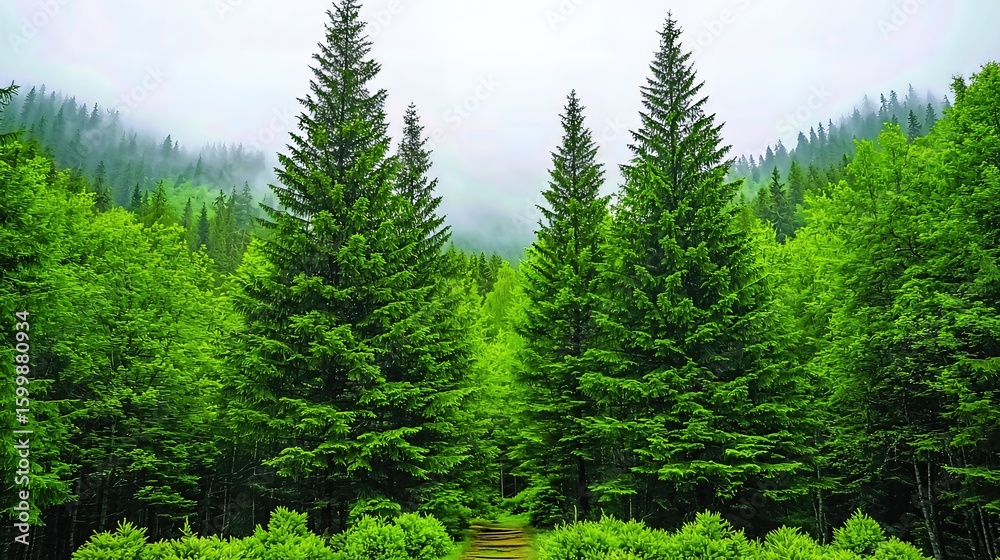 Fototapeta premium Misty Mountain Forest with Three Tall Evergreen Trees
