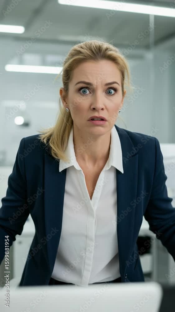 A shocked blonde businesswoman looks at something with a horrified expression. A surprised female office worker in a modern corporate environment. A shocked blonde businesswoman looks at something with a horrified expression. A surprised female office worker in a modern corporate environment.