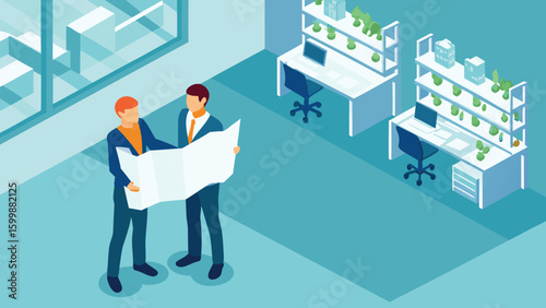 Two business people reviewing a large document in a modern office with desks and plants in pots on shelves