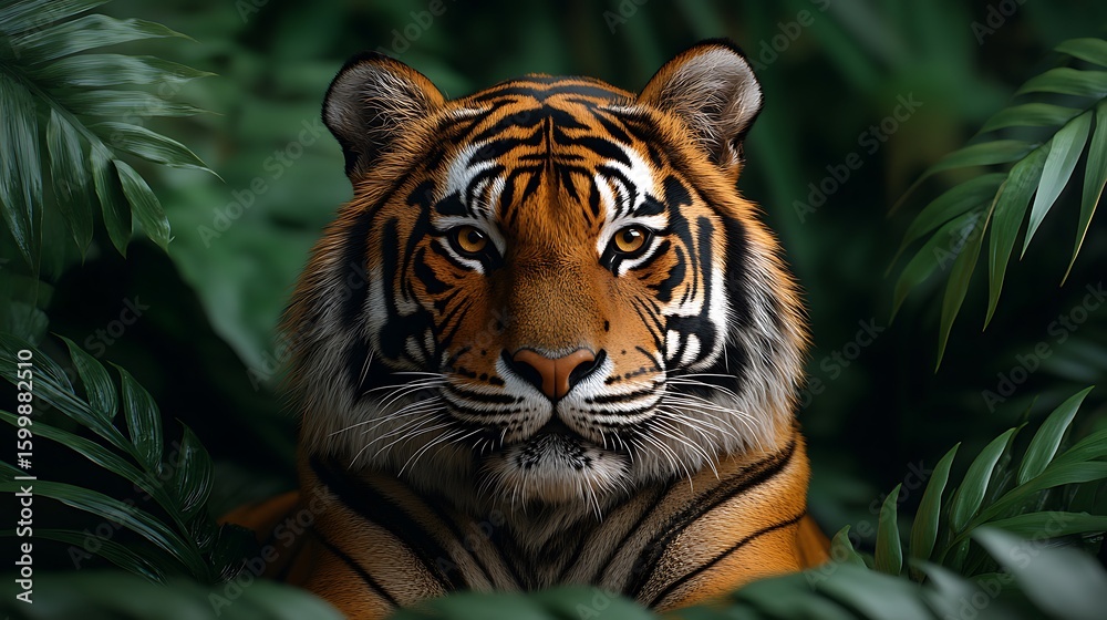 Fototapeta premium Stunning close up photo of a majestic tiger partially hidden amongst lush green foliage