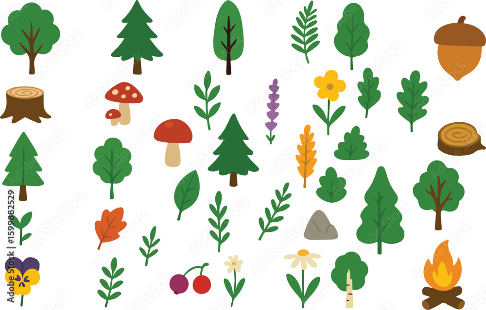 Fototapeta premium Nature Icon Set: Trees, Mushrooms, Leaves, Campfire, Stumps & Rocks in Minimal Vector Style