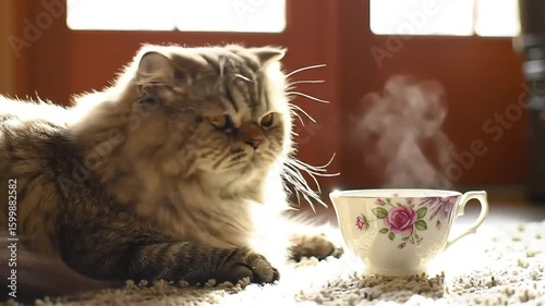 Fluffy cat near steaming teacup, sunlit room