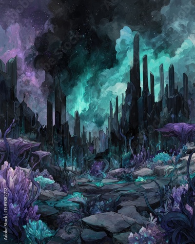 Pixelated Fantasy Cityscape With Glowing Plants And Dark Towers