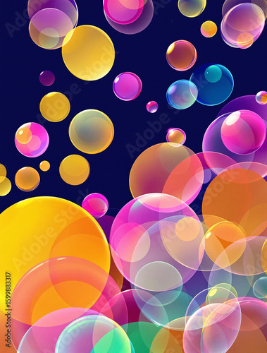 Colorful, translucent bubbles on dark background