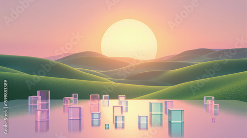 Pastel hills with geometric shapes