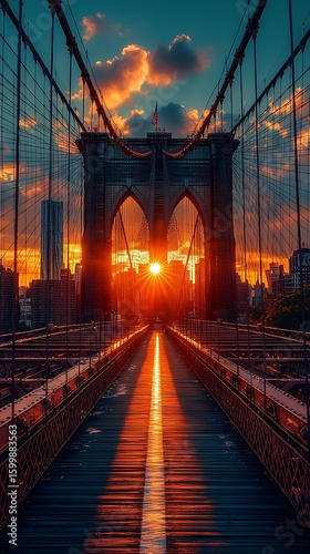 Stunning sunset over the brooklyn bridge in new york city captures a vibrant photo