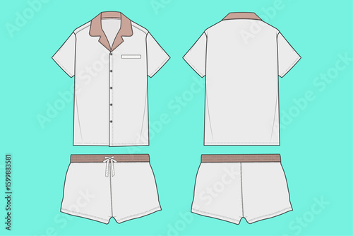 Women's Short sleeve Notch Collar Shirt Tops With Shorts Sleepwear Set Flat Sketch Template Outline CAD Mockup.