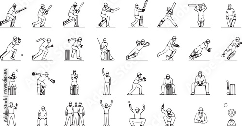 Cricketer Poses Line Icons