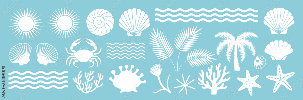 Fototapeta premium Summer Boho Vintage Icon Set – Hand Drawn Palm Tree, Sun, Sea, Seashells, Coral, Crab – Tropical Surf Club Vector Elements for Vacation and Travel Prints