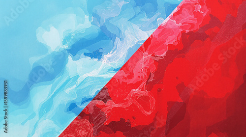 Abstract painting with diagonal split of light blue and red