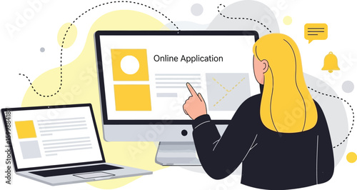 Online application process vector illustration for web and app design with woman using computer