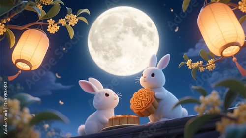 3D illustration of Mid-Autumn Festival with mooncake, rabbit, and moon