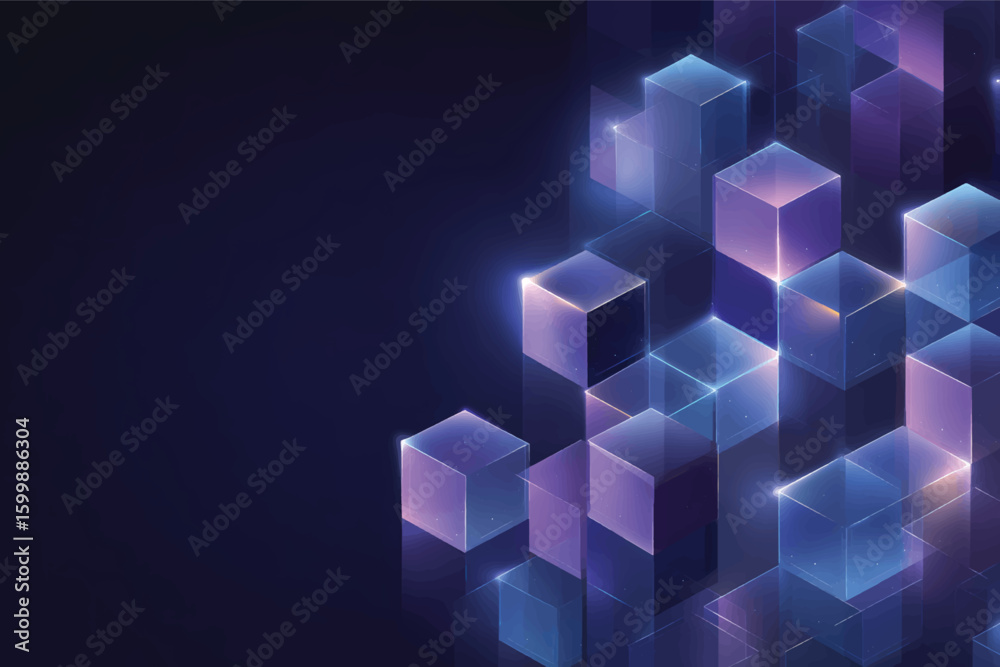 Fototapeta premium Isometric cube blocks vector background with purple glowing technology and data connection concept