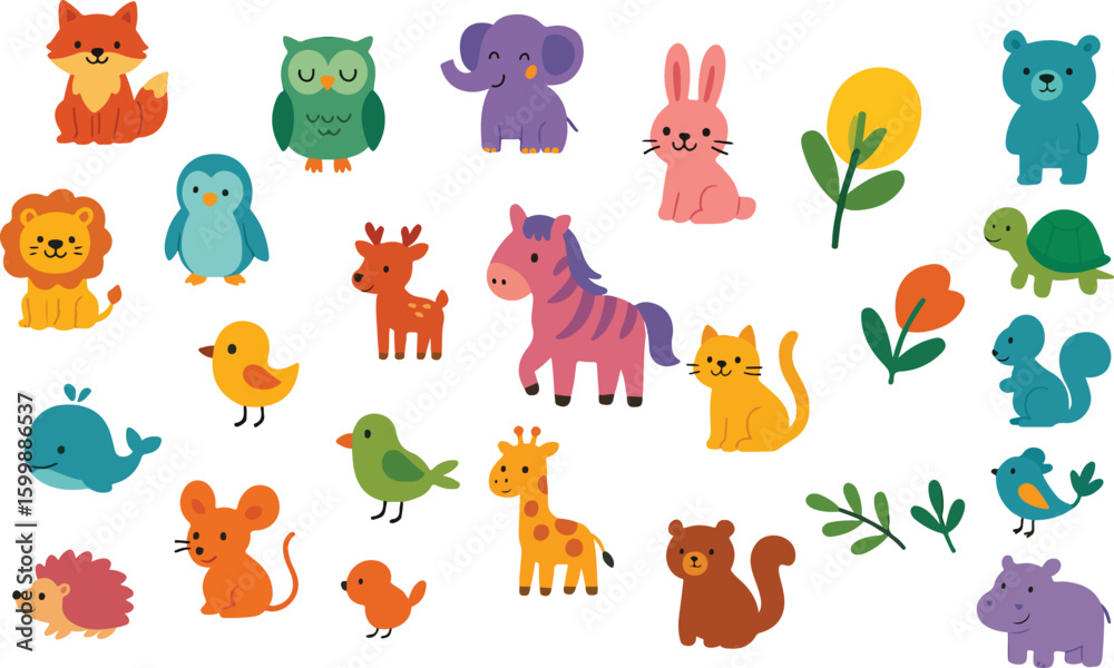 Obraz premium Cartoon Animal & Plant Icon Set: Fox, Owl, Elephant, Whale, Flowers & More in Whimsical Style