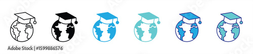 global graduation icon set. contain worldwide education, knowledge without borders, academic excellence across continents thin line and color style icon symbol sign. vector illustration