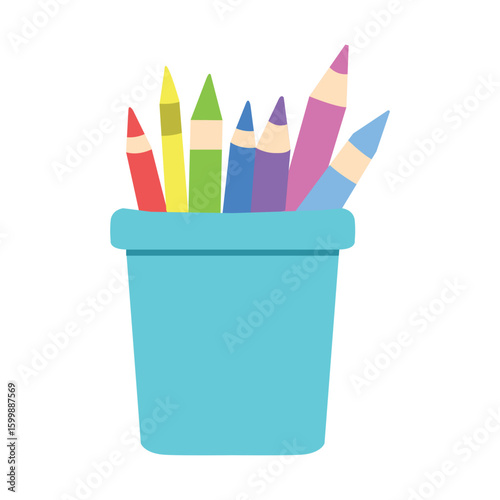 Bucket filled with colorful crayons in flat design, great for kids, creative, educational, art, school, and stationery-themed illustrations.