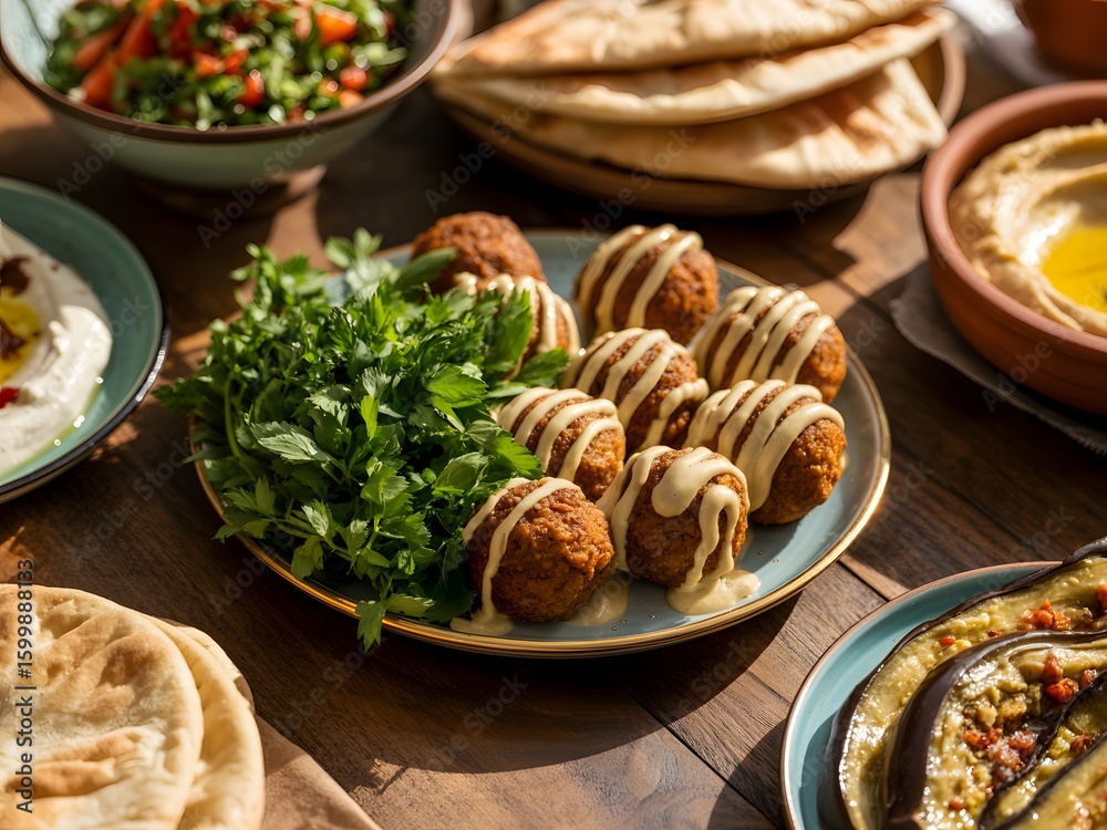 Middle Eastern food spread with falafel hummus pita and salad pita bread Middle Eastern food spread with falafel hummus pita and salad pita bread