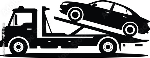 Vector Flatbed Tow Truck with Car: Vehicle Recovery, Roadside Assistance & Transport.