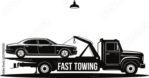Vector Fast Towing Service: Flatbed Truck with Car, Roadside Assistance & Vehicle Recovery.