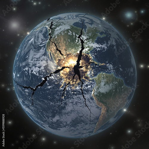 Fototapeta Naklejka Na Ścianę i Meble -  Catastrophic earth explosion with fissures and energy discharge in space
