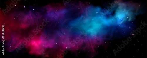 Cosmic space nebula with vibrant colors - purple, pink and blue stellar clouds, glowing stars scattered across galaxy, planet atmosphere background for astronomy or universe exploration design.