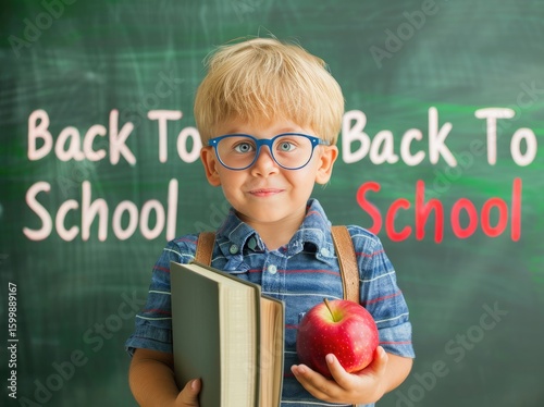 Healthy breakfast for pupil. Child boy with apple during lunch break in classroom. Healthy food menu for kids. Little schoolboy in glasses at desk in front of chalkboard eating apple. Back to school.