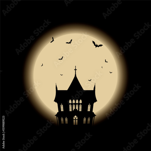 Silhouette haunted mansion and bats with full moon behind have black square background graphic illustration.