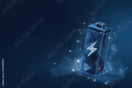 Low-poly illustration of an electric battery with a lightning icon on it, against a dark blue background