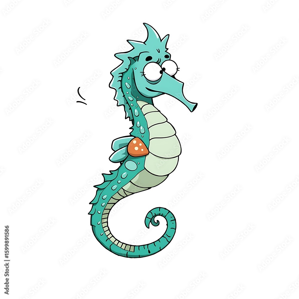 Fototapeta premium Photo of a whimsical cartoon seahorse with wide, surprised eyes and a curly tail swims against a plain white background