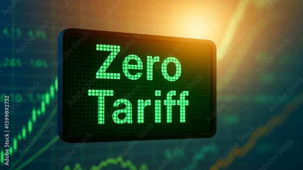 Trade war. Zero tariff digital display glowing light with financial chart background showing growth success and warm light effect