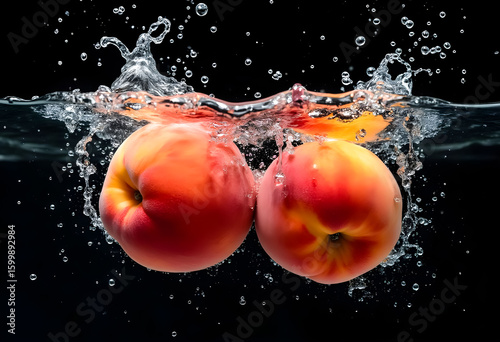 Two peaches splash into water creating bubbles and ripples in a dynamic and vibrant display of freshness
