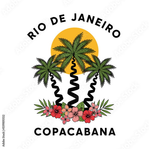Tropical Rio paradise. Amazing brasil. Rio de janeiro. Tropical vibes t shirt artwork. Copacabana beach graphic print design. Wave palm tree artwork. 
