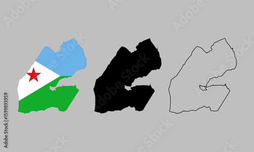 Djibouti map in outline style, black color, color of country flag version