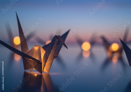 Close up paper cranes with light bulbs on nature background at sunset. Origami crane as a symbol of peace. Hiroshima Peace Memorial Day concept for banner or poster.