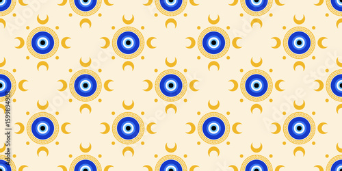 Evil eye Greek pattern. Seamless Turkish vector background with blue beads. Magic nazar - abstract symbol of protection and luck. Illustration with mystic talisman and astrology ornament.