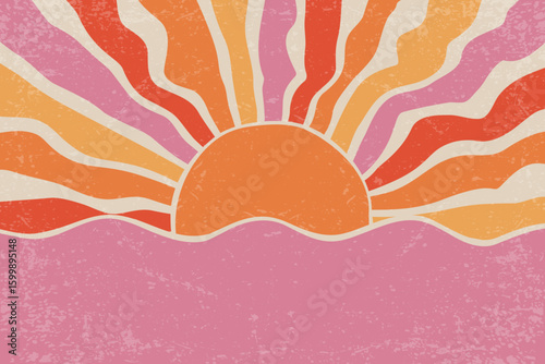 Retro sunset background with radial rays and sea waves. Vector textured 70s abstract summer poster. Modern trendy grunge design with orange and pink beams.