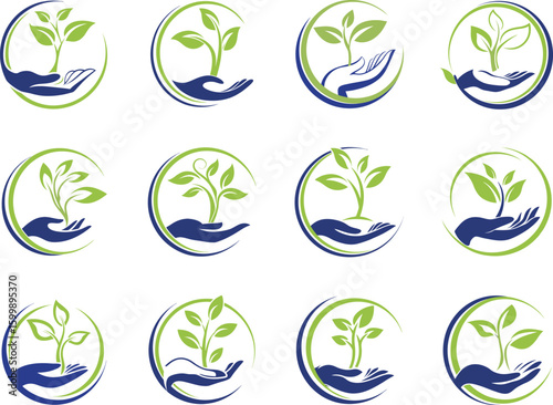 Hands nurturing a growing plant in a circular emblem