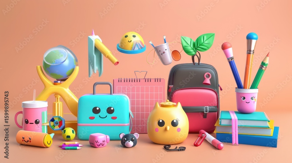 Obraz premium Back to school concept with an open backpack full of colorful stationery and supplies on a blue background, shown in a flat lay. A flat lay top view of the bag filled with office tools for kids.