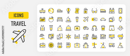 Travel icons. Picture, Double Bed, World, Online Booking, Compass, Car, First Aid Kit, Tram, Action Camera, Hotel, Sunglasses, Torch, Ticket, Ice Cream vector stroke illustration.	
