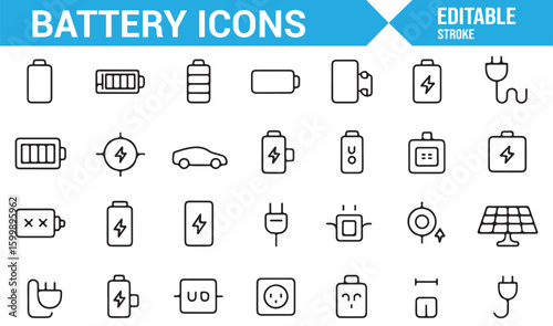 Set of vector icons for charging, energy storage, and power solutions