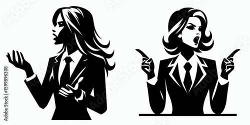 Business woman arguing. Corporate Finance Cartoon Minimal Clipart Line Art Vector Illustration. Female entrepreneur conflict a professional lady having dispute at job.