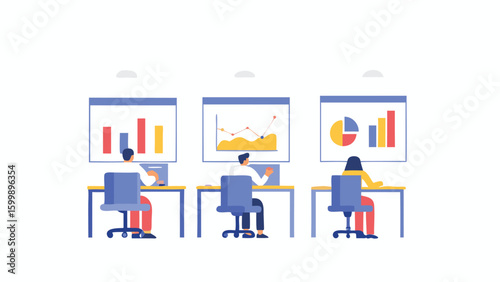 Three people working at desks with charts and graphs displayed on screens behind them showing data analysis