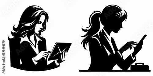 Business woman checking email. Corporate Finance Cartoon Minimal Clipart Line Art Vector Illustration. Female professional viewing electronic mail career using device for online message.