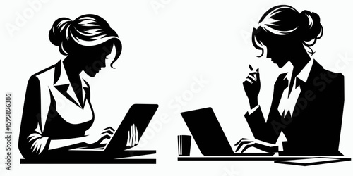 Business woman checking email. Corporate Finance Cartoon Minimal Clipart Line Art Vector Illustration. Female professional viewing electronic mail on device for job updates.