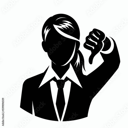 Business woman giving thumbs down. Corporate Finance Cartoon Minimal Clipart Line Art Vector Illustration. Female entrepreneur shows disapproval sign failure low rating bad mark.