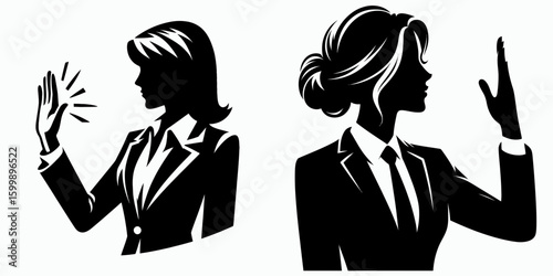 Business woman high fiving. Corporate Finance Cartoon Minimal Clipart Line Art Vector Illustration. Female professional giving a celebratory palm bump sign of teamwork.