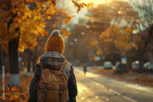 Back To school Back view of children with backpacks going to school on a countryside road. High quality photo