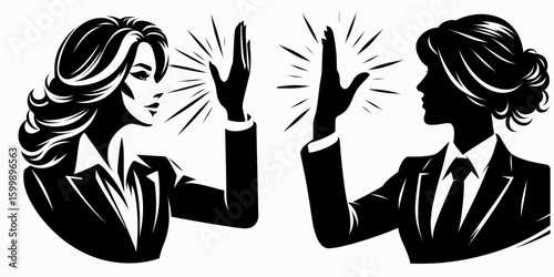 Business woman high fiving. Corporate Finance Cartoon Minimal Clipart Line Art Vector Illustration. Female professional giving a celebratory hand gesture after contract accord.