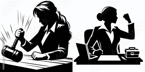 Business woman pounding desk. Corporate Finance Cartoon Minimal Clipart Line Art Vector Illustration. Female professional striking worktop hard anger issue job tension.